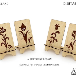Supporto per telefono Taglio laser, Supporto per cellulare SVG, Design floreale, Supporto per telefono in legno, Modello Glowforge, File Dxf per CNC, Modello Lightburn, Cdr