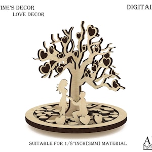 Albero tagliato al laser, Albero dell'amore SVG, Glowforge Pattern, Cnc Tree DXF, Decorazione di San Valentino, Decorazione dell'amore, Amore in legno SVG, Modello vettoriale del cuore