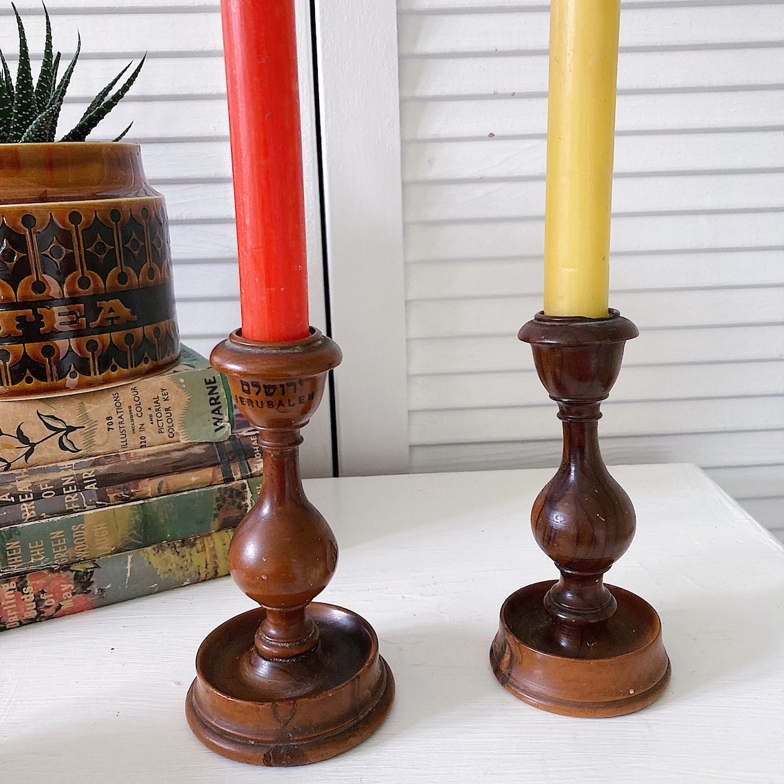 Vintage Turned Wooden Candlestick Holders Treen Jerusalem Pair Etsy