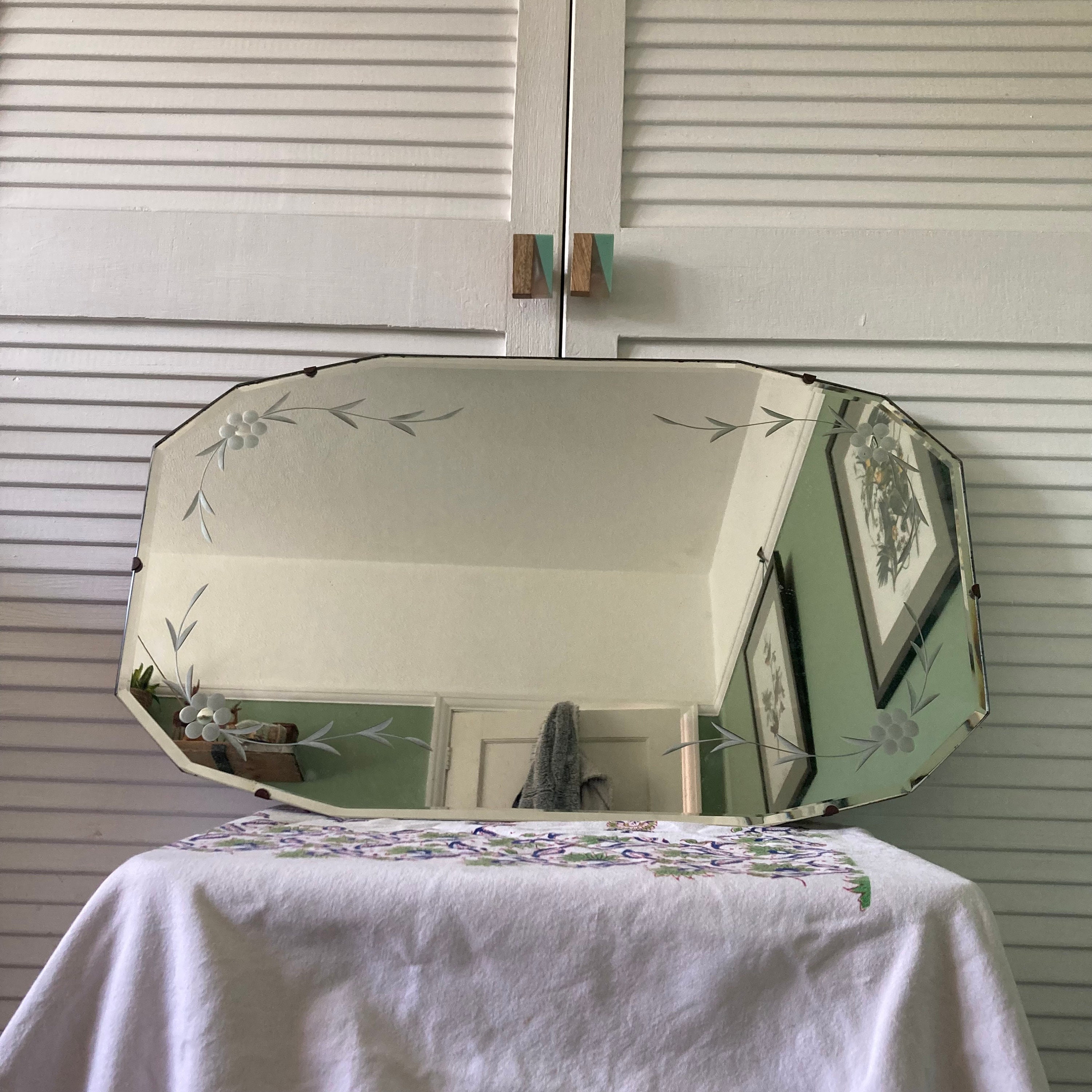 Vintage Art Deco Frameless Mirror Chain Etched Floral Glass Etsy