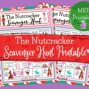 May include: A printable The Nutcracker Scavenger Hunt game with a pink background and a red ribbon. The game board features images of characters and objects from the ballet, such as Clara, the Nutcracker Prince, and the Sugar Plum Fairy.
