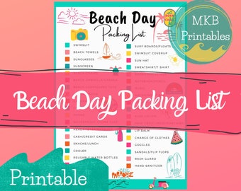 Beach Day Packing List - Fun in the Sun Checklist instant digital download, Great for kids, families, day trips, and summer vacations.