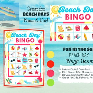 Printable Beach Day Bingo Game Set 12 Card Bingo Set with Calling Cards. Beach Party, Summer Beach Bingo Set Instant Digital Download Files image 3