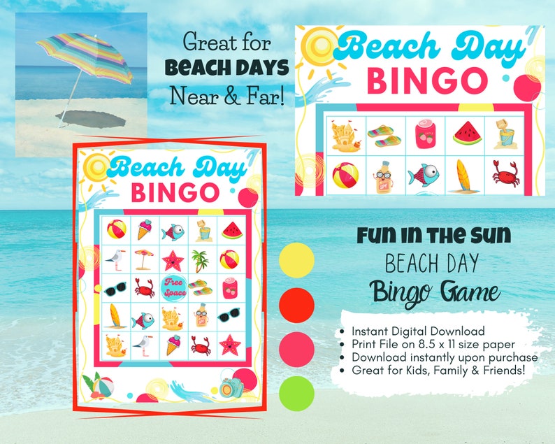 Printable Beach Day Bingo Game Set 12 Card Bingo Set with Calling Cards. Beach Party, Summer Beach Bingo Set Instant Digital Download Files image 3