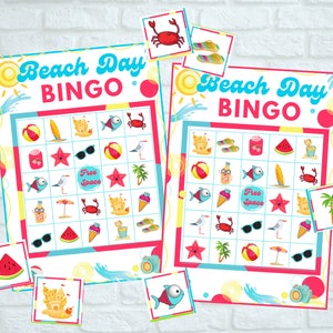 Printable Beach Day Bingo Game Set 12 Card Bingo Set with Calling Cards. Beach Party, Summer Beach Bingo Set Instant Digital Download Files image 1