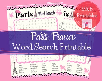 Printable Paris France Word Search with Answer Key for Paris Party, Class, France Lesson Plan, Kids fun Instant Digital Download Files