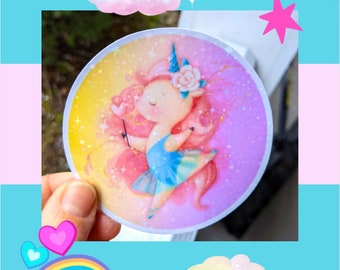 Sparkly Unicorn Ballerina Dance Sticker / sparkle & stars dancer gift / pink yellow ombre holographic / Kids fairy tale ballet / Magical