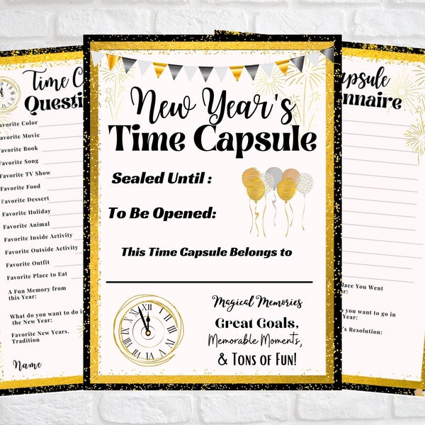 Happy New Year Time Capsule Printable Questionnaire instant digital download - New Year's Eve /Day kids family friends activity party game