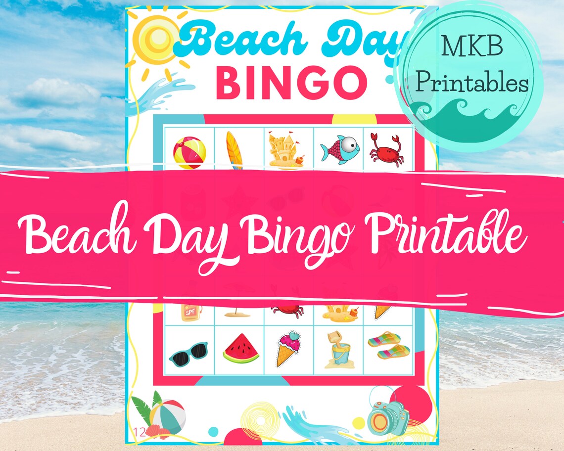 Printable Beach Day Bingo Game Set 12 Card Bingo Set With Etsy