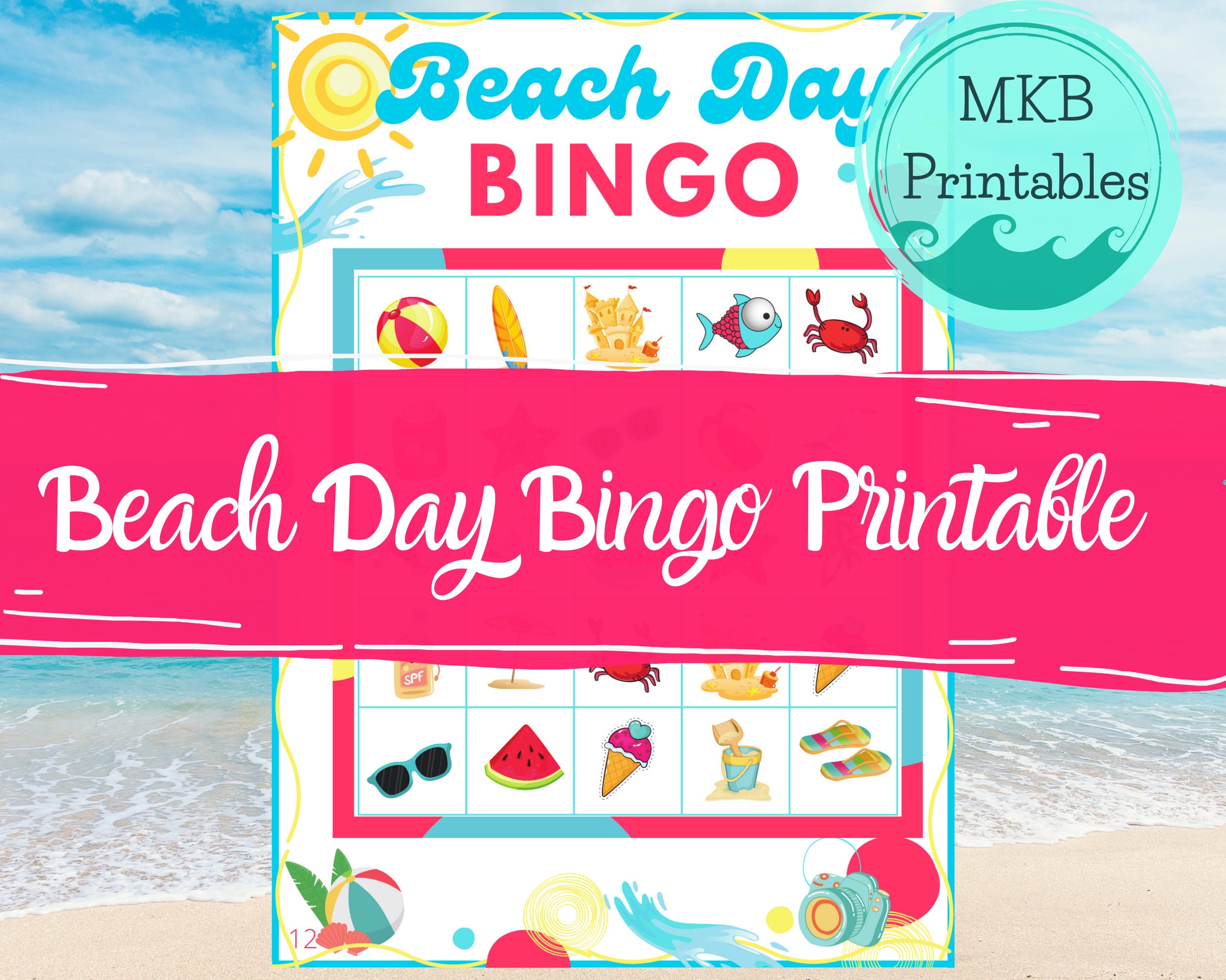 Printable Beach Day Bingo Game Set 12 Card Bingo Set With Calling Cards