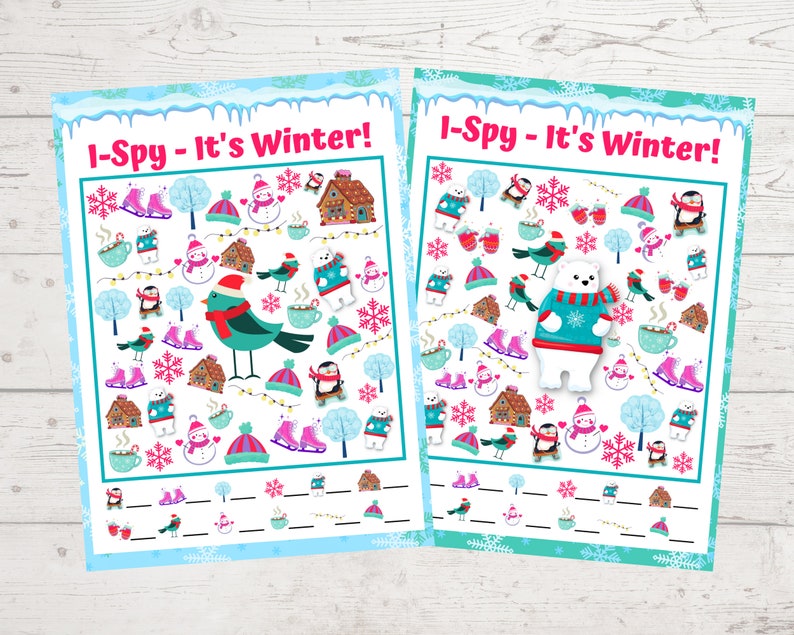 I Spy It's Winter Fun activity for kids instant digital download easy to harder 5 printable different games for party or classroom with bears