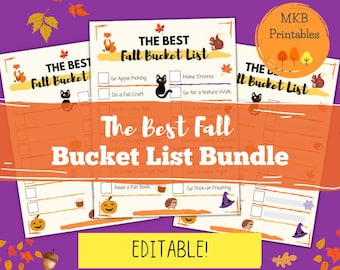 Puede incluir: Un paquete de listas de actividades de otoño imprimibles que incluye tres hojas blancas con ilustraciones otoñales en naranja y negro, como calabazas, un gato negro, un zorro y una ardilla. El texto dice The Best Fall Bucket List y MKB Printables.
