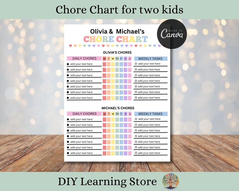Editable Chore Chart for Two Kids | Canva Template | Behavior Tracker ...