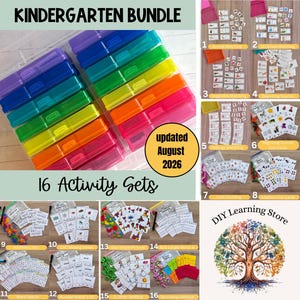 May include: A kindergarten bundle featuring 16 activity sets with colorful plastic storage cases. The collection includes various educational cards, matching games, and counting tools. A circular badge displays the text updated August 2026.