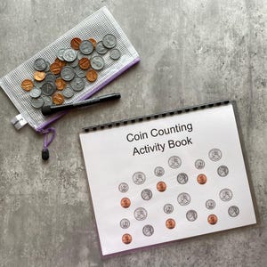 May include: A spiral-bound Coin Counting Activity Book with printed coin illustrations, a clear mesh zipper pouch containing assorted copper and silver-colored coins, and a black marker. The book cover features the text Coin Counting Activity Book.