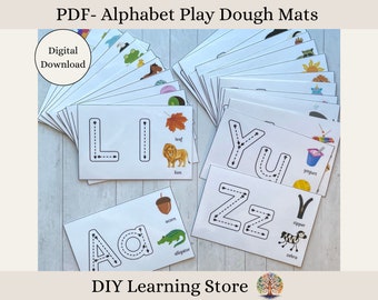 May include: A set of 26 alphabet play dough mats featuring a letter and a corresponding picture with the name of the picture written below. The letters are outlined with dashed lines for tracing. The mats are white with black outlines. The text "PDF - Alphabet Play Dough Mats" and "Digital Download" are at the top of the image. The text "DIY Learning Store" is at the bottom of the image.