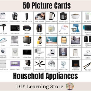 50 枚の家電製品の絵カード - 実際の画像 - フラッシュ カード - コミュニケーション カード - 視覚補助 - 視覚スケジュール - 自閉症リソース - PDF