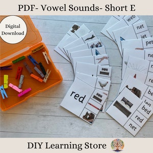 May include: A set of printable flashcards for teaching short 'e' vowel sounds. The cards feature pictures and words like 'web', 'net', 'jet', 'pet', 'red', 'bed', and 'net'.
