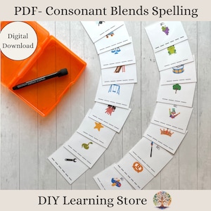 May include: A set of printable flashcards for learning consonant blends. The cards feature colourful illustrations of objects with the corresponding consonant blend word written below. The cards are designed for use with a dry-erase marker.