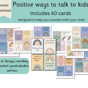 Manières positives de parler aux enfants - Outils thérapeutiques - Conseiller scolaire, psychologue, kit d'autosoins, affirmations - Cartes de conversation imprimables PDF