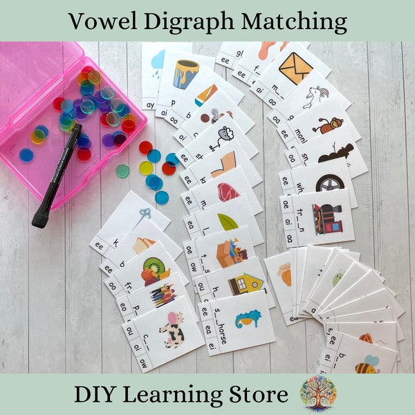 Vowel digraph activity set- matching and fill in the blank- task box- Montessori Learning Toy for 1st grade, 2nd grade, Special Education