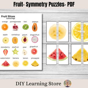 Rompecabezas de simetría de frutas: tarjetas de emparejamiento, actividad para niños en edad preescolar: imágenes reales, rompecabezas de alimentos, imágenes de rodajas de frutas, PDF