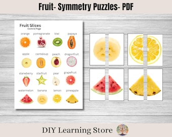 Fruit Symmetry Puzzles- Matching Cards, Toddler Preschool Activity- Real Pictures- Food puzzle- fruit slices pictures- PDF