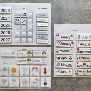 Pu&ograve; includere: Un set di carte colorate con immagini e testo per insegnare ai bambini i giorni, i mesi, gli anni, le stagioni e il tempo. Le carte presentano immagini di un sole, un arcobaleno, una nuvola, un albero, un ananas, un infradito, un uccello, un fiore, una zucca, una tazza di caff&egrave;, una libellula, una stella marina e un paio di pattini.