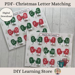 Actividad de emparejamiento de letras: actividad navideña: niños pequeños, preescolares, jardín de infantes, educación en el hogar, necesidades especiales: conjunto de caja de tareas con bolsa de actividades: PDF