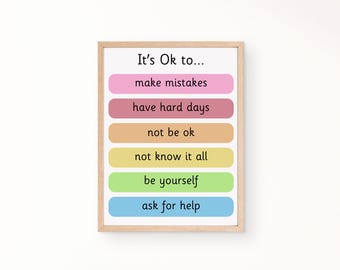 Puede incluir: Una impresión enmarcada con el texto "It's Ok to..." y una lista de frases en recuadros de colores: "make mistakes", "have hard days", "not be ok", "not know it all", "be yourself", y "ask for help".