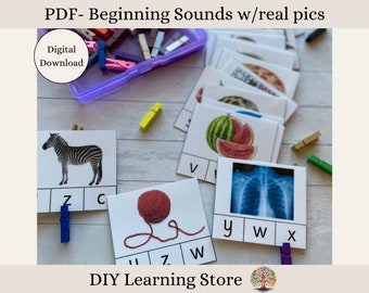 May include: A set of printable alphabet flashcards with real pictures and letter tiles for kids to match the beginning sounds. The cards feature a zebra, a ball of yarn, a watermelon, and an x-ray image. The text "PDF - Beginning Sounds w/real pics" and "Digital Download" is visible in the image.