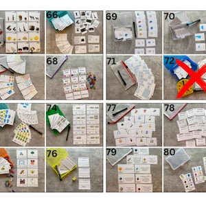 Op de afbeelding: Een verzameling van zestien educatieve activiteitensets genummerd 65 tot en met 80, bestaande uit diverse bedrukte kaarten, kleine plastic opbergdoosjes en zwarte stiften. Elke set bevat instructiekaarten met illustraties, tekst en wiskundige opgaven voor educatieve doeleinden.