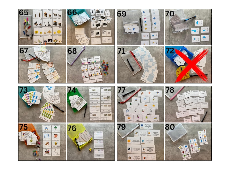 Op de afbeelding: Een verzameling van zestien educatieve activiteitensets genummerd 65 tot en met 80, bestaande uit diverse bedrukte kaarten, kleine plastic opbergdoosjes en zwarte stiften. Elke set bevat instructiekaarten met illustraties, tekst en wiskundige opgaven voor educatieve doeleinden.