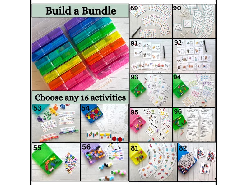 Op de afbeelding: Een verzameling educatieve activiteitensets voor kinderen, met een meerkleurige plastic opbergdoos met zestien vakjes en diverse leerkaarten, kleine manipulatiematerialen en sorteeritems, genummerd van 53 tot en met 96.