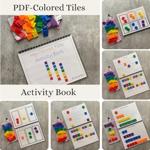 May include: A colorful activity book titled "My Colored Tiles Activity Book" with rainbow-colored square tiles. The tiles are in small clear bags and arranged on the pages of the book. The text "PDF-Colored Tiles" and "Activity Book" are also visible.