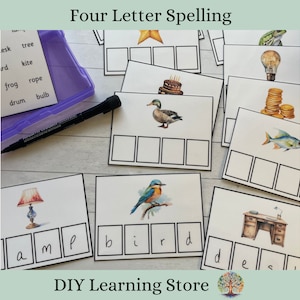 May include: Educational flashcards for spelling practice. The cards feature illustrations of a duck, bird, lamp, and desk, with blank spaces for spelling four-letter words. A purple container with word cards and a black marker are also present. The text "Four Letter Spelling" is at the top.