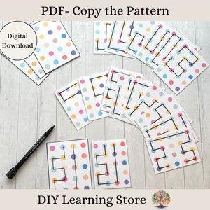 May include: A set of printable PDF cards with colorful polka dot patterns and black line drawings of geometric shapes. The text "PDF - Copy the Pattern" is at the top of the image. The text "Digital Download" is in a circle at the top left of the image. The text "DIY Learning Store" is at the bottom of the image.
