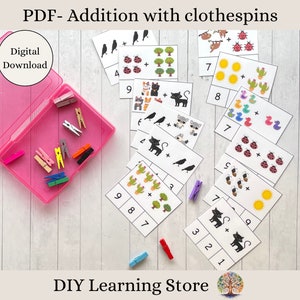 Suma con pinzas de ropa - Tarjetas de actividades - Descarga instantánea - Juguete de aprendizaje Montessori para preescolar, jardín de infantes, educación en el hogar, educación especial - PDF