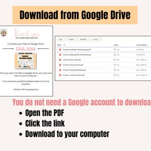Op de afbeelding: Een screenshot van een Google Drive-map met een lijst van zomerse, afdrukbare PDF-bestanden. De bestanden bevatten kleurplaten, playdough-matten, schaarvaardigheden, traceren en kleur-per-nummer-activiteiten. De tekst "Download from Google Drive" staat bovenaan de afbeelding. De tekst "You do not need a Google account to download" staat onderaan de afbeelding. De tekst "Open the PDF, Click the link, Download to your computer" staat onder de tekst "You do not need a Google account to download".
