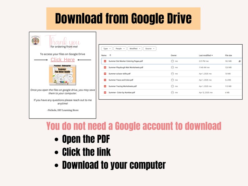 Op de afbeelding: Een screenshot van een Google Drive-map met een lijst van zomerse, afdrukbare PDF-bestanden. De bestanden bevatten kleurplaten, playdough-matten, schaarvaardigheden, traceren en kleur-per-nummer-activiteiten. De tekst "Download from Google Drive" staat bovenaan de afbeelding. De tekst "You do not need a Google account to download" staat onderaan de afbeelding. De tekst "Open the PDF, Click the link, Download to your computer" staat onder de tekst "You do not need a Google account to download".