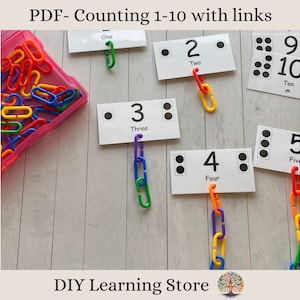 Schede di attività di conteggio da 1 a 10 - Giocattolo didattico con collegamenti colorati - Stampe educative Montessori - Tempo di quiete - Kit scatola delle attività per bambini in età prescolare - PDF