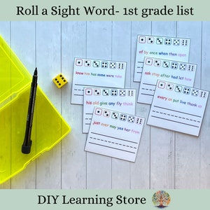 May include: A set of printable sight word cards for first grade. Each card features a colorful dice with a different number of dots and a line for writing the corresponding sight word. The words include "know", "him", "has", "some", "were", "take", "of", "by", "once", "when", "then", "open", "ask", "stop", "after", "had", "let", "how", "his", "old", "give", "any", "fly", "think", "just", "over", "may", "yes", "her", "from", "every", "on", "put", "live", "thank", "as".