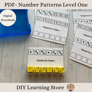 May include: A printable PDF worksheet for kids to practice number patterns. The worksheet features a series of cards with dots representing numbers. The child is asked to repeat the pattern on the blank cards. The worksheet is labeled "PDF - Number Patterns Level One" and "Digital Download".