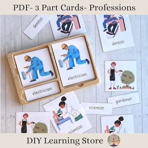 Profesiones - Tarjetas didácticas Montessori de 3 partes - Tarjetas de logopedia, Juego de correspondencias Montessori, Juguete educativo imprimible, Trabajos - PDF editable