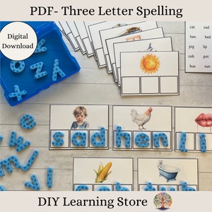 Práctica de ortografía: palabras de 3 letras. Descarga instantánea. Juguete de aprendizaje Montessori para preescolar, educación en el hogar, jardín de infantes y necesidades especiales. PDF
