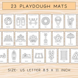 Op de afbeelding: Een set van 23 printbare playdough-matten met verschillende zomerse afbeeldingen, zoals een strandbal, slippers, een krab, een zwemband, ijs, limonade, een zonnehoed, een palmboom, een zwembad, een zandkasteel, een schelp, een schep, een ster, een parasol, de zon, een zonnebril, een surfboard, een zwemmer, zwembroek, een badpak, een handdoek en een watermeloen. De matten zijn ontworpen voor gebruik met playdough en perfect voor kinderen van alle leeftijden. De tekst "23 PLAYDOUGH MATS" staat bovenaan de afbeelding. De tekst "SIZE - US LETTER 8.5 X 11 INCH" staat onderaan de afbeelding.