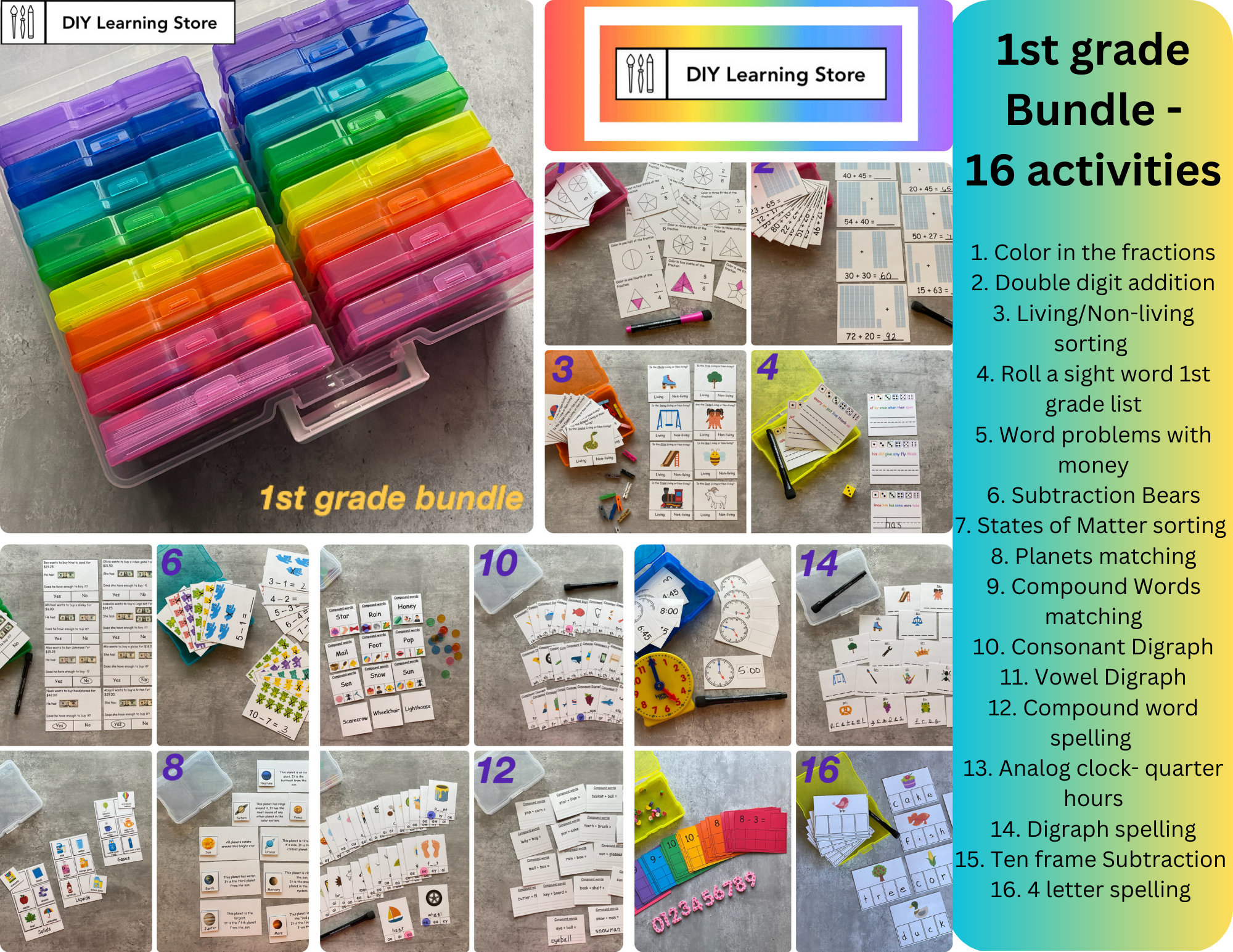 1st Grade Activity Bundle- 16 Task Box Learning Activities and Carrying ...