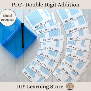 May include: A set of printable double-digit addition worksheets with a blue and white colour scheme. The worksheets feature a visual representation of the addition problems using blue bars. The text "PDF- Double Digit Addition" is at the top of the image. The text "Digital Download" is in a blue circle at the top left of the image. The text "DIY Learning Store" is at the bottom of the image.