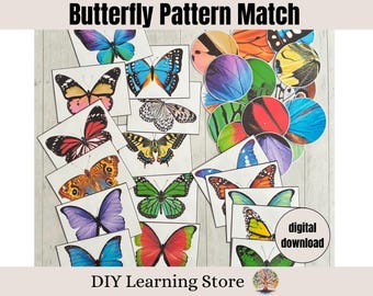 May include: A selection of butterfly pattern matching cards and circular butterfly wing images. The cards display diverse butterfly species with bright wings. The text "Butterfly Pattern Match" and "digital download" are visible.
