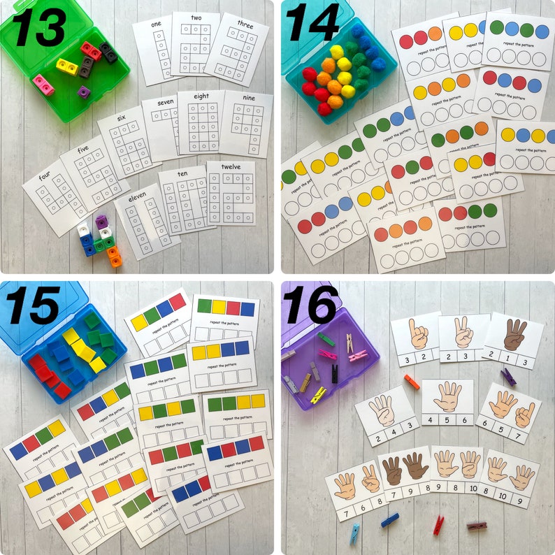 Activity sets 13-16 are shown. Number building with cubes, pom patterns, colored tile patterns, and finger counting 1-10.